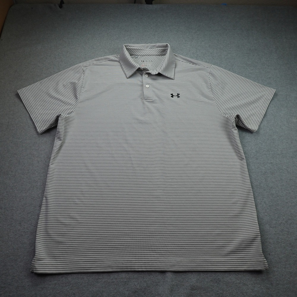Under Armour Polo Shirt Mens 2XL Gray Striped Athletic Golf HeatGear